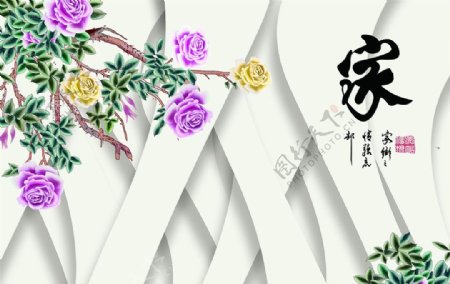3D中式牡丹花背景墙
