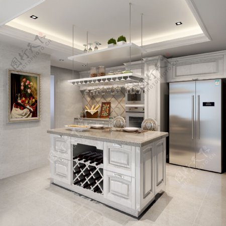 白色厨房3D图