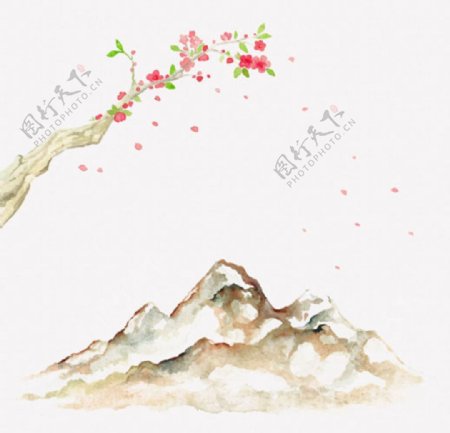 手绘水彩樱花山脉插图