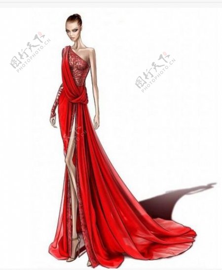 红色开叉长裙礼服设计图