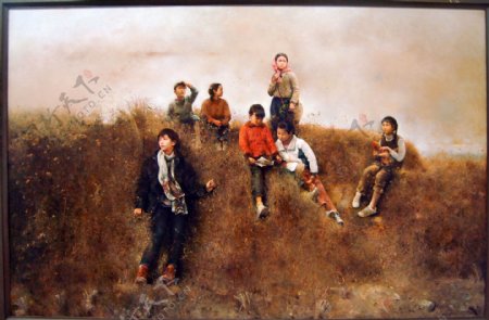 郊外玩耍的孩子油画图片
