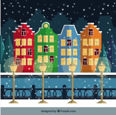 多雪的城市有彩色房屋插图