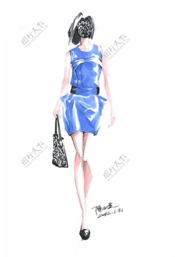 蓝色连衣裙设计手绘图