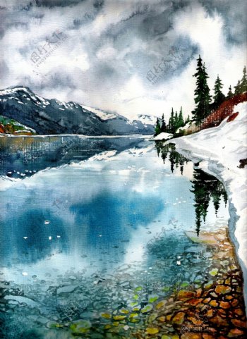 油画湖泊雪景图片