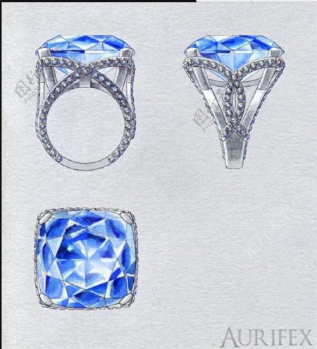 手绘高雅动感蓝钻指环戒设计素材