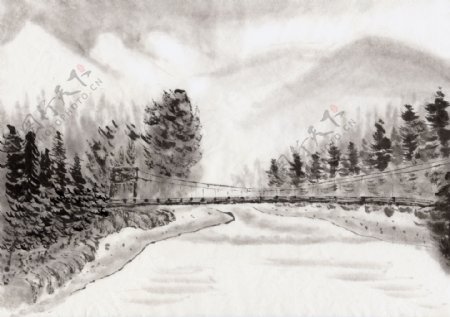水墨风景河上的大桥图片图片