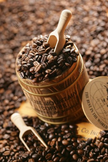 咖啡豆和竹舀盛器图片
