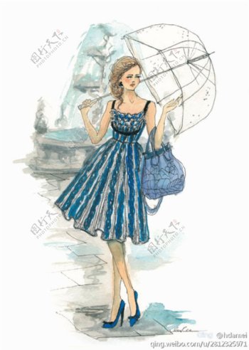 蓝色花纹吊带裙设计图