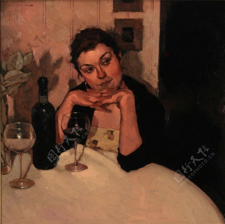 喝红酒的美女人物油画图片