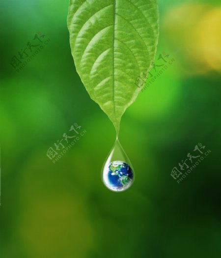 水滴地球与绿叶图片