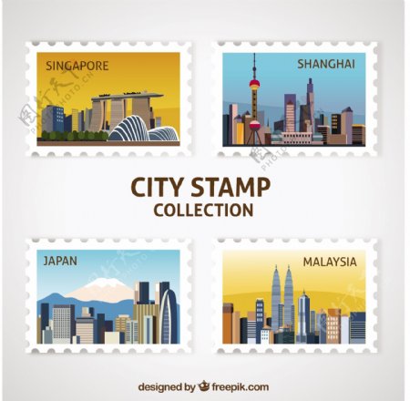 四个城市邮票装饰图标