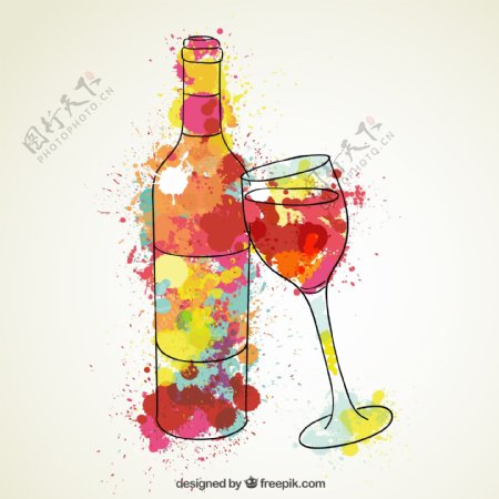 水彩绘葡萄酒和酒杯
