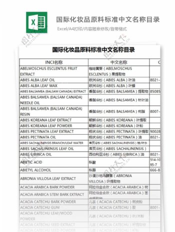 国际化妆品原料标准中文名称目录表格