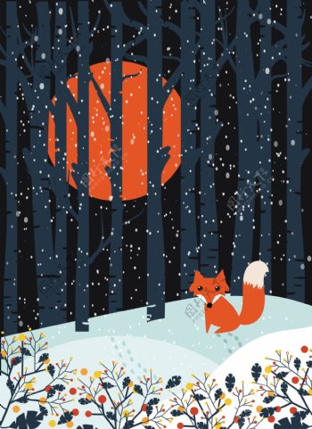 冬季雪地里可爱的小狐狸