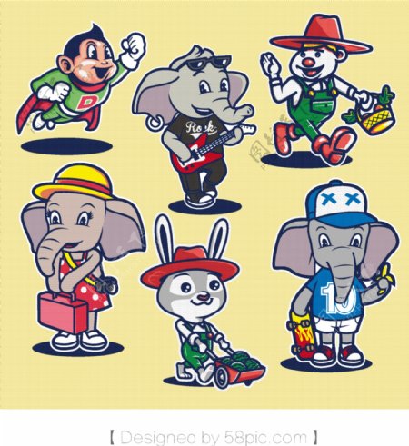 卡通人物卡通动物大象兔子阿童木匹诺曹原创手绘素材