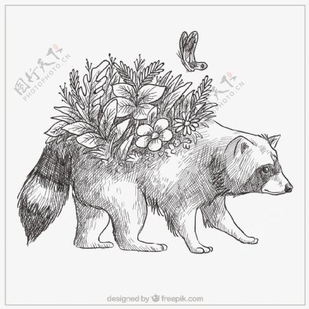 可爱的手绘浣熊用鲜花和蝴蝶