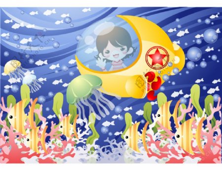 夏日童话坐着潜水艇游海底世界
