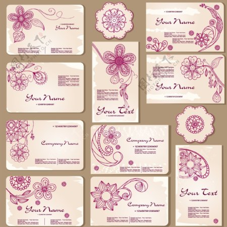 手绘古典花纹花朵卡片名片设计矢量素材