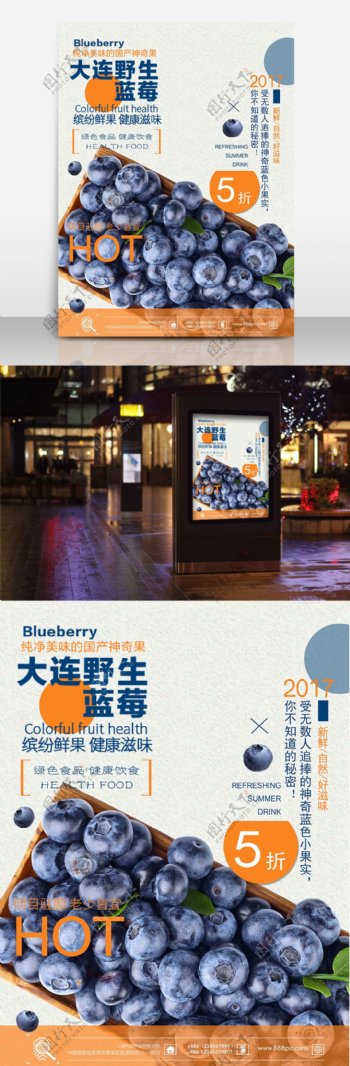 夏日水果蓝莓蓝色清新简约商业海报设计模板