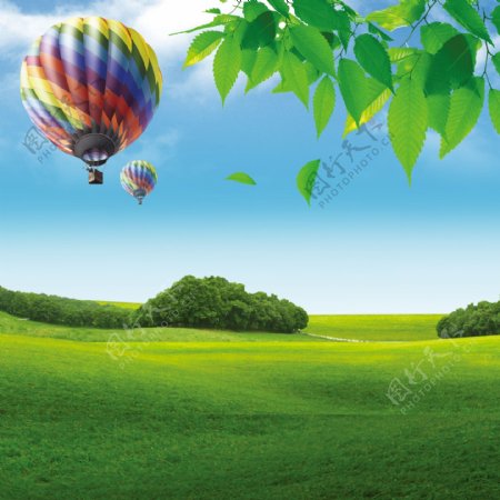 青草氢气球树叶蓝天白云素材