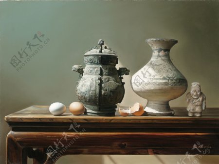 古代桌子鸡蛋器皿静物油画图片