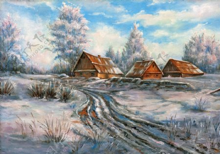 郊外木屋雪景油画图片