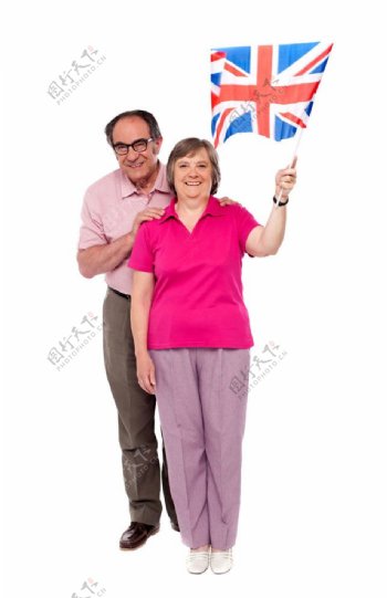 举着英国国旗的老年女人和男人图片