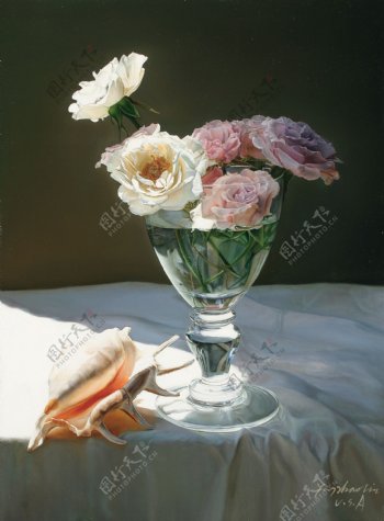 油画花卉与贝壳图片
