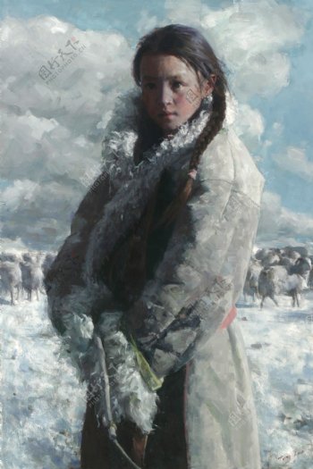 放牧的西藏女孩油画肖像图片