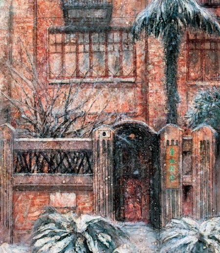 油画冬天房屋图片