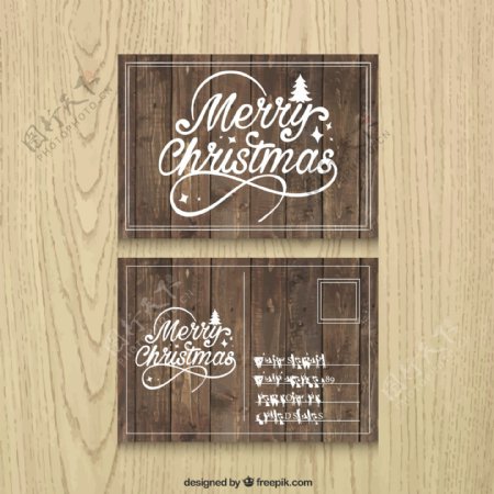 老式圣诞明信片与木材纹理