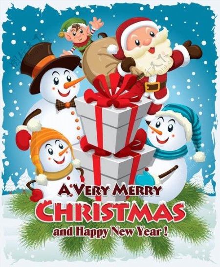 圣诞老人与卡通可爱雪人矢量素材