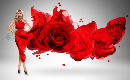 红裙玫瑰美女图片