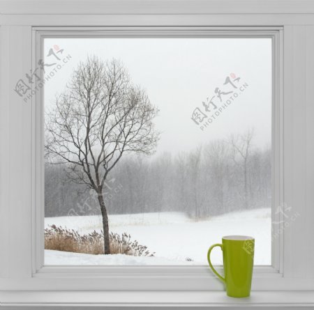 窗户外的冬季景色图片
