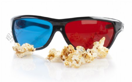3D电影眼镜与爆米花图片
