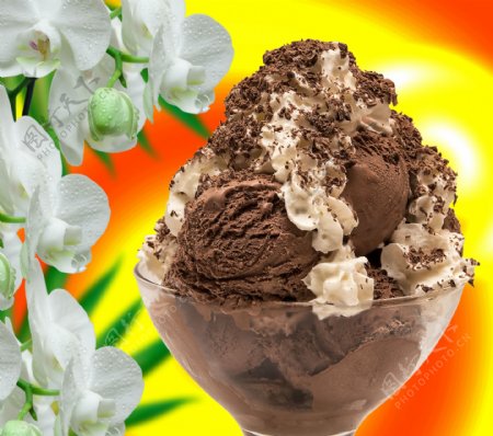 鲜花与巧克力冰淇淋图片