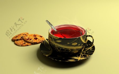 红色茶和饼干图片