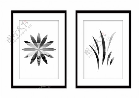 黑白几何花和草形状风景双拼现代装饰画