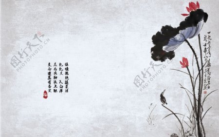 中国风水墨荷花写意背景墙