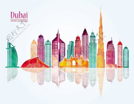 迪拜城市彩色模块剪影图