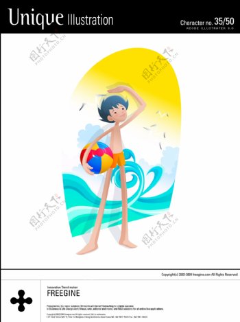 在海边游泳的矢量卡通男孩图片