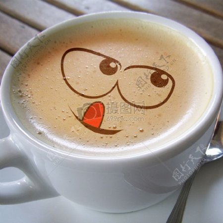 杯咖啡泡沫CafAuLait微笑笑笑脸喜悦