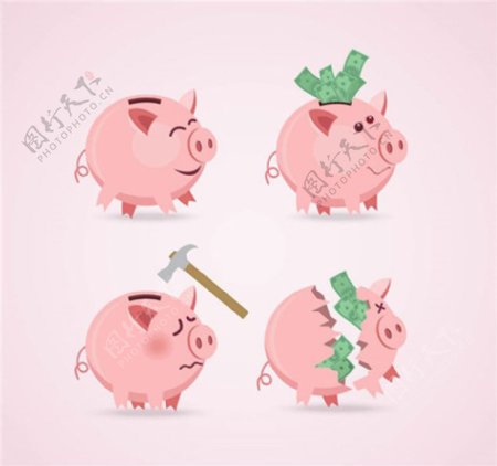 粉色猪存钱罐矢量图片AI