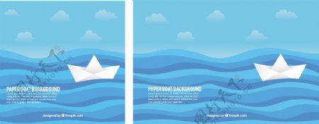 蓝色波浪背景与纸船平面设计插图