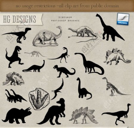 复古逼真的恐龙和恐龙剪影笔刷