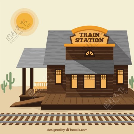 手绘木屋火车站插图背景