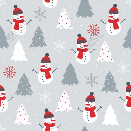 雪人圣诞树可爱卡通矢量图背景素材