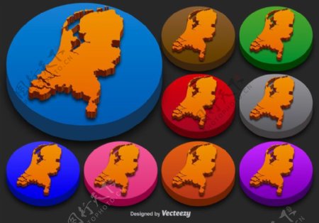 荷兰的状态向量的三维轮廓丰富多彩的荷兰图标按钮
