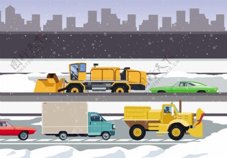除雪机清洁城市道路插画