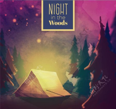 森林中的夜晚露营风景矢量素材